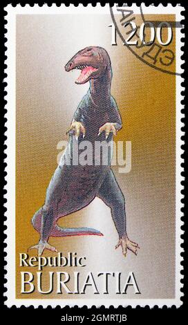 MOSKAU, RUSSLAND - 6. NOVEMBER 2019: Die in Cinderellas gedruckte Briefmarke zeigt Tyrannosaurus Rex, Serie Buriatia Russia, um 1997 Stockfoto