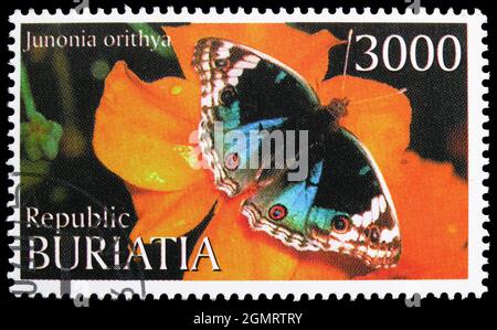 MOSKAU, RUSSLAND - 6. NOVEMBER 2019: Briefmarke in Cinderellas zeigt Junonia orithya, Serie Buriatia Russia, um 1997 Stockfoto