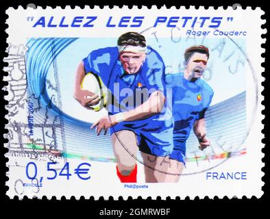 MOSKAU, RUSSLAND - 6. NOVEMBER 2019: In Frankreich gedruckte Briefmarke zeigt VI Rugby World Cup, Serie, um 2007 Stockfoto