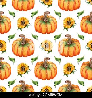 Aquarell-Illustration eines Musters aus Kürbissen, Sonnenblumen und Blättern. Nahtloser, sich wiederholender Erntefestdruck. Thanksgiving und Halloween. Isolat Stockfoto