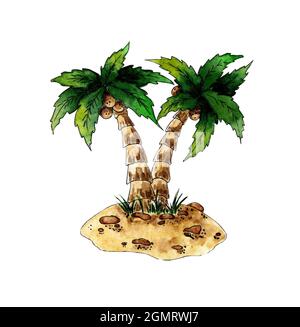 Aquarell-Illustration zwei Palmen mit Kokosnüssen auf einer sandigen Insel.Tropisches Resort, Schatzinsel. Design für Poster, Reisesbanner. Isoliert ein Stockfoto