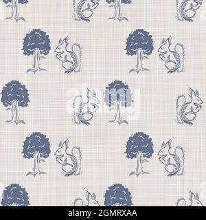 Nahtlose französisch Bauernhaus Eichhörnchen Leinen bedruckten Stoff Hintergrund. Provenzalblau graue Musterstruktur. Shabby Chic Stil gewebten Hintergrund. Textil Stockfoto