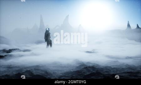 Astronaut auf einem fremden Planeten. Marsoberfläche. Raumfahrt. 3d-Rendering. Stockfoto