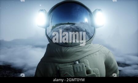 Astronaut auf einem fremden Planeten. Marsoberfläche. Raumfahrt. 3d-Rendering. Stockfoto