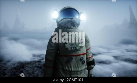 Astronaut auf einem fremden Planeten. Marsoberfläche. Raumfahrt. 3d-Rendering. Stockfoto