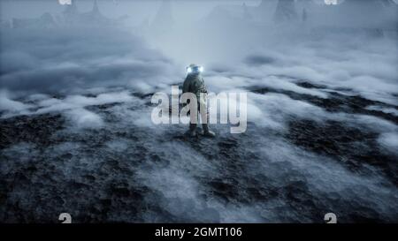 Astronaut auf einem fremden Planeten. Marsoberfläche. Raumfahrt. 3d-Rendering. Stockfoto