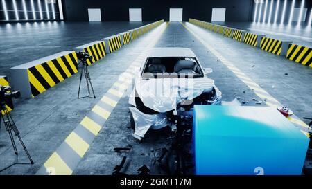 Generischer 3d-Crashtest. Zerstörung des Autos. 3d-Rendering. Stockfoto