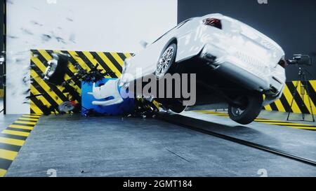 Generischer 3d-Crashtest. Zerstörung des Autos. 3d-Rendering. Stockfoto