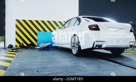 Generischer 3d-Crashtest. Zerstörung des Autos. 3d-Rendering. Stockfoto