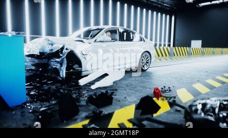 Generischer 3d-Crashtest. Zerstörung des Autos. 3d-Rendering. Stockfoto