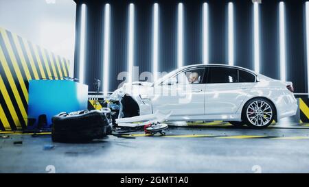 Generischer 3d-Crashtest. Zerstörung des Autos. 3d-Rendering. Stockfoto