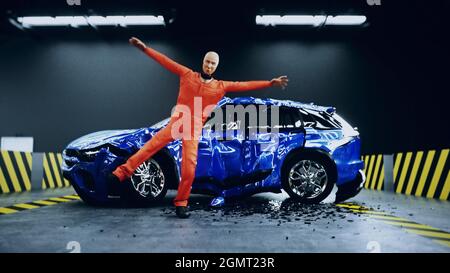 Crash-Test lustige Dummy, Schaufensterpuppe tanzen. Autounfall. 3d-Rendering Stockfoto