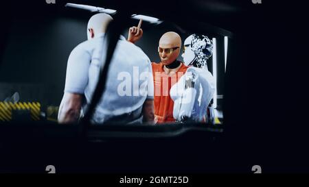 Roboter Crash Test Dummy und Mensch. Zukunftskonzept. 3d-Rendering. Stockfoto