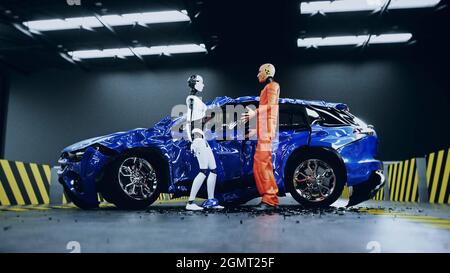 Robot Crash Test Dummy und weibliche Roboter. Zukunftskonzept. 3d-Rendering. Stockfoto