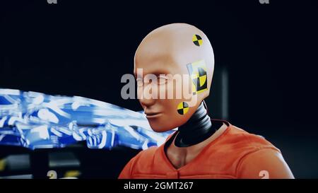 Robot Crash Test Dummy sitzt in der Nähe von zerstörten Auto Crash-Test. Zukunftskonzept. 3d-Rendering. Stockfoto