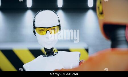 Robot Crash Test Dummy und weibliche Roboter. Zukunftskonzept. 3d-Rendering. Stockfoto