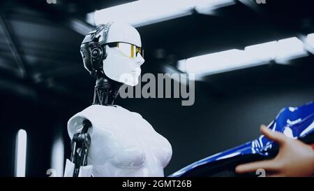 Robot Crash Test Dummy und weibliche Roboter. Zukunftskonzept. 3d-Rendering. Stockfoto