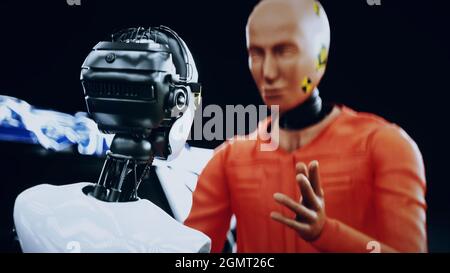 Robot Crash Test Dummy und weibliche Roboter. Zukunftskonzept. 3d-Rendering. Stockfoto