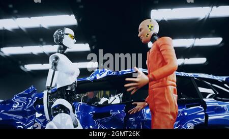 Robot Crash Test Dummy und weibliche Roboter. Zukunftskonzept. 3d-Rendering. Stockfoto