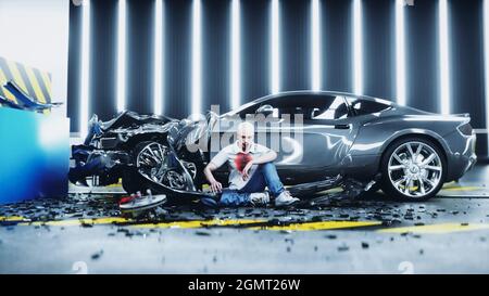 Human Crash Test Dummy sitzt in der Nähe von zerstörten Auto Crash-Test. Zukunftskonzept. 3d-Rendering. Stockfoto