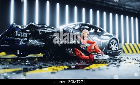 Robot Crash Test Dummy sitzt in der Nähe von zerstörten Auto Crash-Test. Zukunftskonzept. 3d-Rendering. Stockfoto