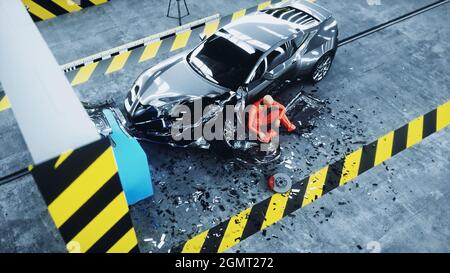 Robot Crash Test Dummy sitzt in der Nähe von zerstörten Auto Crash-Test. Zukunftskonzept. 3d-Rendering. Stockfoto