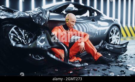 Robot Crash Test Dummy sitzt in der Nähe von zerstörten Auto Crash-Test. Zukunftskonzept. 3d-Rendering. Stockfoto