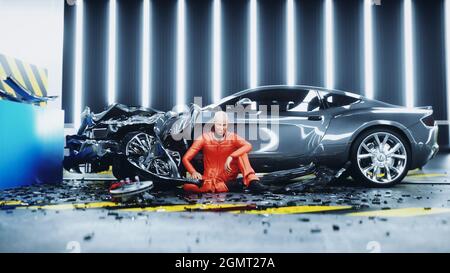 Robot Crash Test Dummy sitzt in der Nähe von zerstörten Auto Crash-Test. Zukunftskonzept. 3d-Rendering. Stockfoto