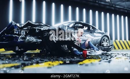 Human Crash Test Dummy sitzt in der Nähe von zerstörten Auto Crash-Test. Zukunftskonzept. 3d-Rendering. Stockfoto