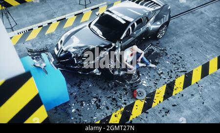 Human Crash Test Dummy sitzt in der Nähe von zerstörten Auto Crash-Test. Zukunftskonzept. 3d-Rendering. Stockfoto