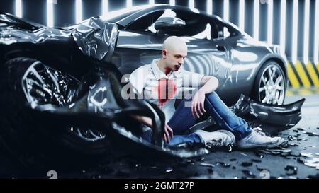 Human Crash Test Dummy sitzt in der Nähe von zerstörten Auto Crash-Test. Zukunftskonzept. 3d-Rendering. Stockfoto