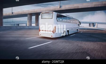 Touristischer Personenbus auf der Autobahn. Sehr schnelles Fahren. Tourismuskonzept. 3d-Rendering. Stockfoto