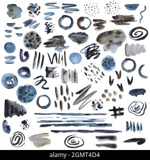 Großer Satz von 60 Aquarell bemalten abstrakten Design-Elementen, isoliert auf weißem Hintergrund in Indigo-, Braun- und Grautönen. Stockfoto