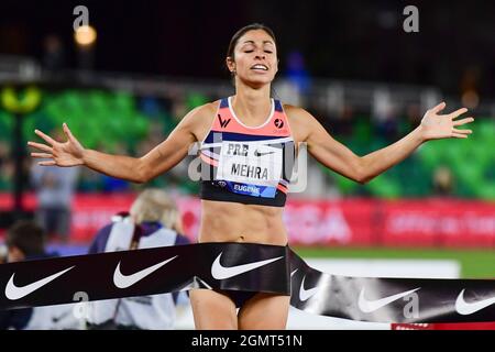 Rebecca Mehra (USA) gewinnt den 1500-Meter-Lauf in 4:06.35 während des 46. Prefontaine Classic, Freitag, den 20. August 2021 in Eugene, Ore. (Dylan Stewart/Bild von Spor Stockfoto