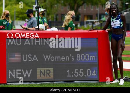 Athing Mu (USA) beendet die 800 m in 1:55.04 während des 46. Prefontaine Classic, Samstag, 21. August 2021, in Eugene, Ore. (Dylan Stewart/Bild von Spor Stockfoto