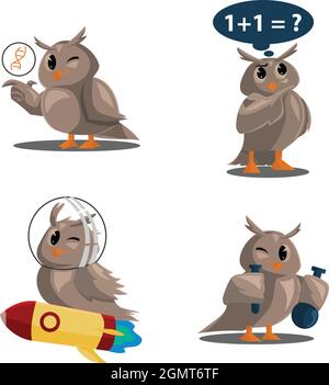 Schuleulen. Farbe niedlichen Vögel studieren in der Schule. Unterricht Bildung Cartoon Vektorfiguren Stock Vektor