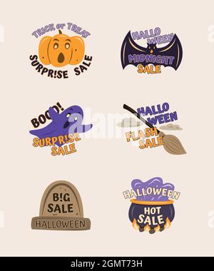 Set handgezeichneter Halloween Etiketten mit Verkaufswörtern und gruseligen Elementen. Stock Vektor