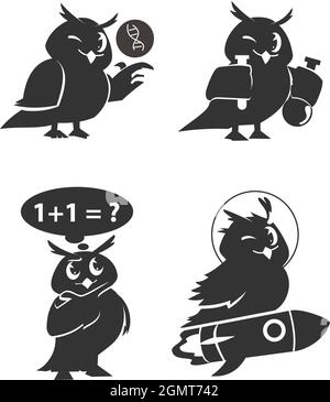Schuleulen. Farbe niedlichen Vögel studieren in der Schule Vorlage. Unterricht Bildung Cartoon Vektor-Zeichen gesetzt Stock Vektor