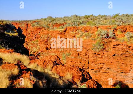 Felsen glühend rot kurz vor Sonnenuntergang in der Joffre Gorge im Outback im Karijini National Park, Pilbara, Westaustralien Stockfoto