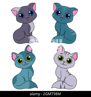 Vier lustige verschiedene Cartoon-Katzen isoliert auf weißem Hintergrund, Farbbild von Haustieren Stock Vektor