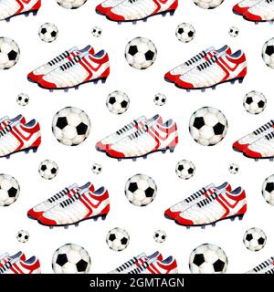 Aquarell Illustration Muster eines Fußballs und Stiefel. Nahtloser Sport wiederholender Druck geeignet für Tapeten, Bezüge, Umschläge, Verpackungen, fabr Stockfoto