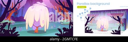 Fantasielandschaft aus Wald mit ungewöhnlichem Baum im Sumpf. Vektor Parallax Hintergrund mit Schichten für Spiel-Animation mit Cartoon-Illustration von fantastischen Pilz im Teich Stock Vektor