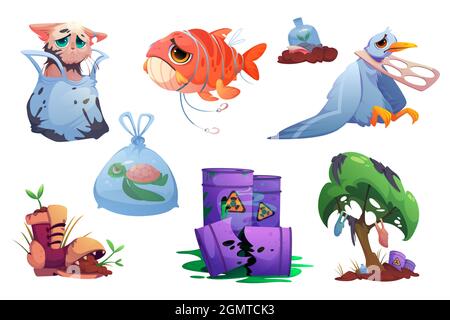 Symbole zur Umweltverschmutzung mit Plastikmüll, giftigen Abfällen und armen Tieren. Vektor-Cartoon-Illustration der verschmutzten Natur, Fässer mit radioaktivem Zeichen, Taschen und Flaschen Stock Vektor