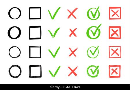 Grünes Häkchen und rotes Kreuz gesetzt. Handgezeichneter Doodle-Sketch-Stil. Stimmen, ja, kein gezeichnetes Konzept. Kontrollkästchen, Kreuzmarke mit Quadrat, Kreiselement. Vektorgrafik. Stock Vektor