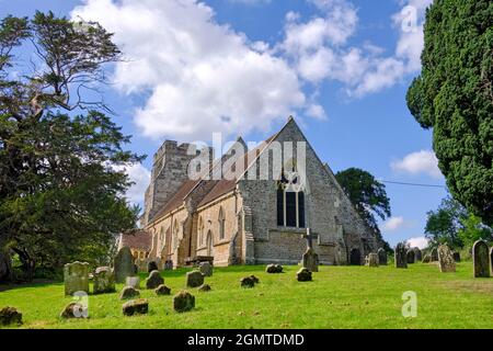 Crowhurst Kirche mit der berühmten alten Eibe, die über der Kirche thront, East Sussex, Großbritannien Stockfoto