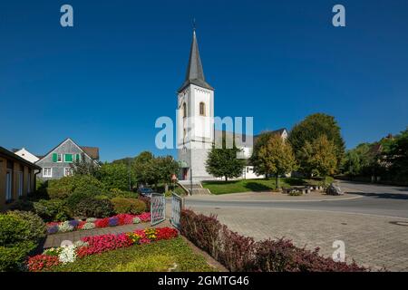 Deutschland, Wuelfrath, Wuelfrath-Duessel, Bergisches Land, Niederbergisches Land, Niederberg, Rheinland, Nordrhein-Westfalen, NRW, Dorf Duessel, katholische Kirche Saint Maximin, romanische, Säule Basilika, Vorgarten, Blumenbeete Stockfoto