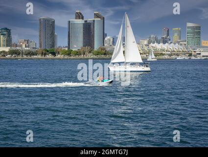 Ein rasender Jet-Ski neben Segelbooten, der gemütlich auf der blauen Wasserbucht vor einer beeindruckenden Skyline von San Diego in Südkalifornien segelt Stockfoto