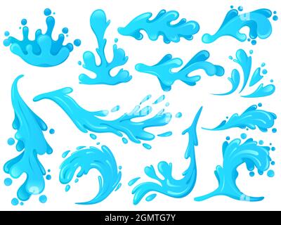 Wellen im Ozean, blaue Wellen, wellige Wellen. Blaue Meereswellen und Spritzer, Bewegung Wasser Elemente isoliert Vektor Illustration Set. Welliges Wasser spritzt Stock Vektor
