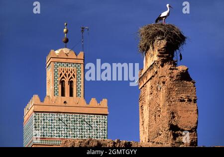 Marrakesch, Marokko - Februar 2004; die Kasbah-Moschee von Marrakesch, Marokko, wurde ursprünglich 1185-1190 vom Almohad-Kalifen Yaqub al-Mansour erbaut Stockfoto