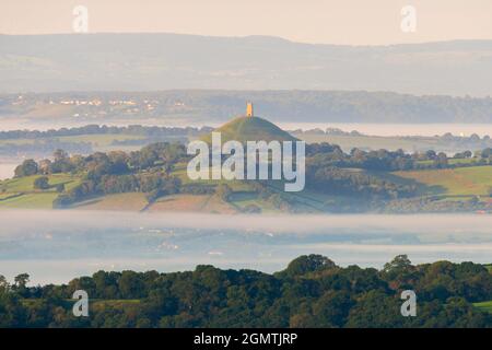 Glastonbury, Somerset, Großbritannien. September 2021. Wetter in Großbritannien. Das Glastonbury Tor in Somerset ist an einem warmen, sonnigen Morgen am letzten Tag des astronomischen Sommers von einem Meer aus Nebel umgeben. Bildnachweis: Graham Hunt/Alamy Live News Stockfoto